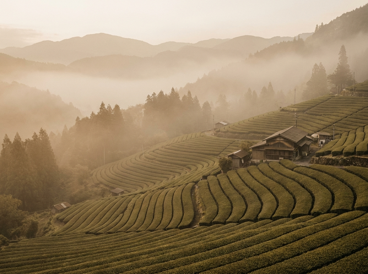 Tea garden on a misty mountain slope, Shibushi