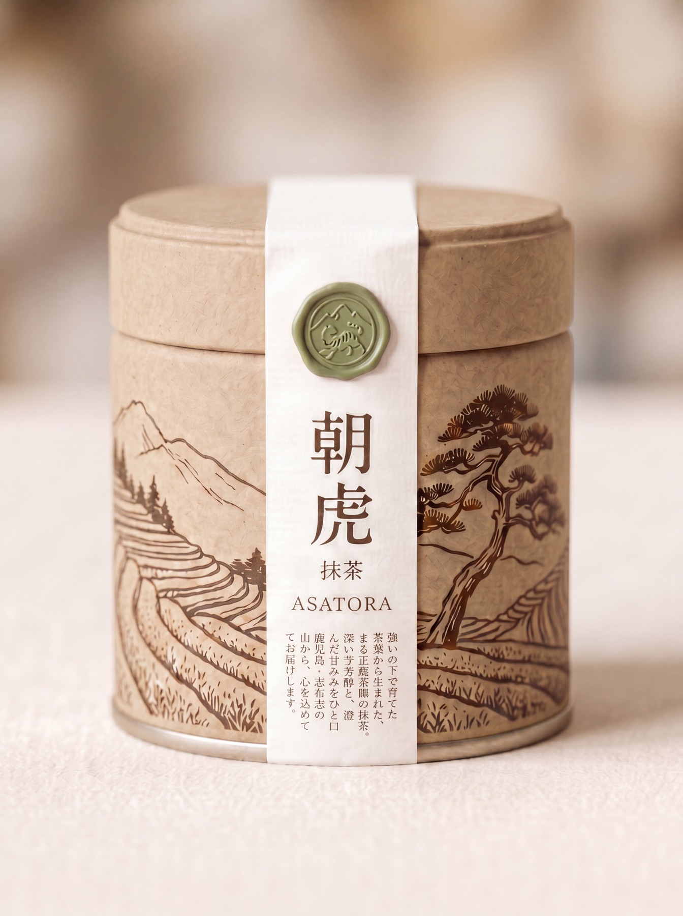 Asatora matcha tin — kraft canister engraved with the Shibushi landscape
